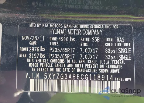 2012 Hyundai Santa Fe Gls z USA, uszkodzony, nr VIN 5XYZG3AB6CG118914